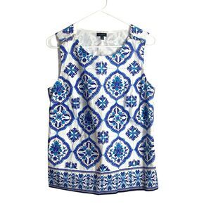 Talbots Size 8 Blue White Tile Print Sleeveless Top 100% Cotton Lined Scoop Neck